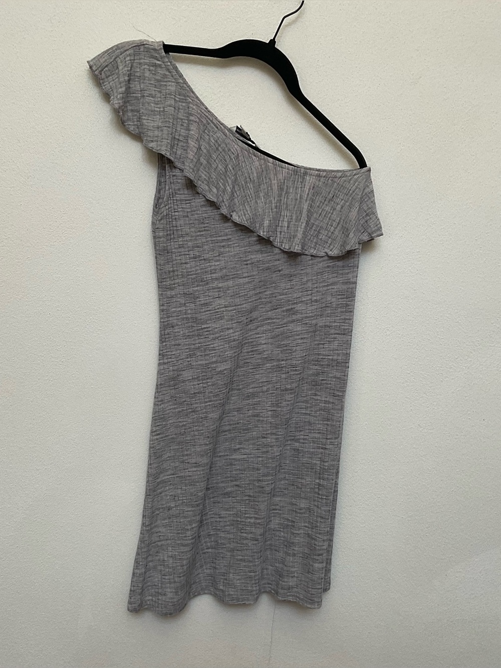 American Eagle Outfitters Knit Stretch Light Grey One Shoulder Ruffle Dress Med